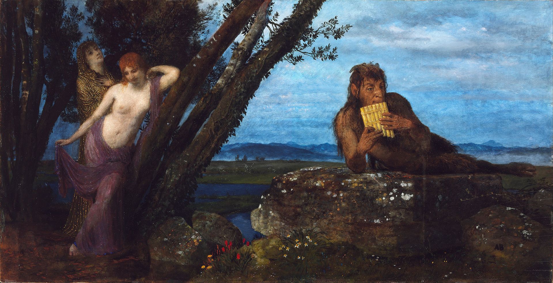 Two women rest between trees while a centaur plays a wind instrument on the rock next to them.